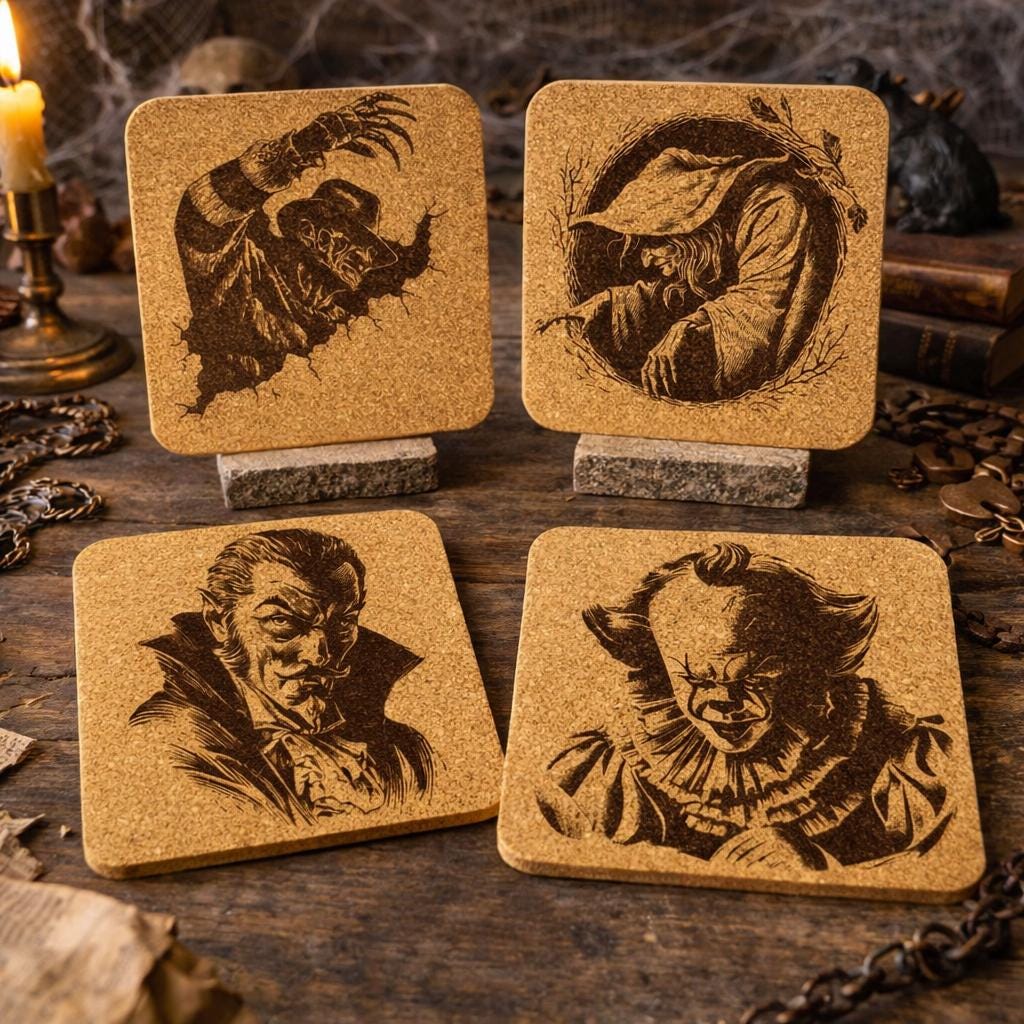 Horror Movie Cork Coasters - Engraved Classic Monsters, Halloween Decor
