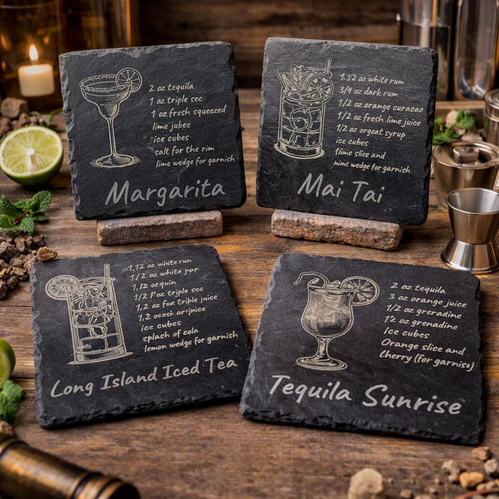 Cocktail Recipe Slate Coasters – Laser Engraved with Iconic Drinks - 4 Different Drinks