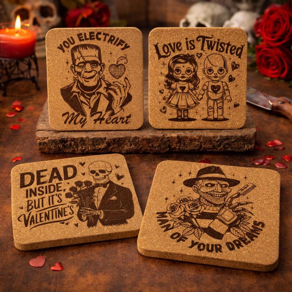 Funny Horror Valentine Coasters Set – Twisted Love Cork Coasters – Dark Valentine’s Day Decor (4 Pack)