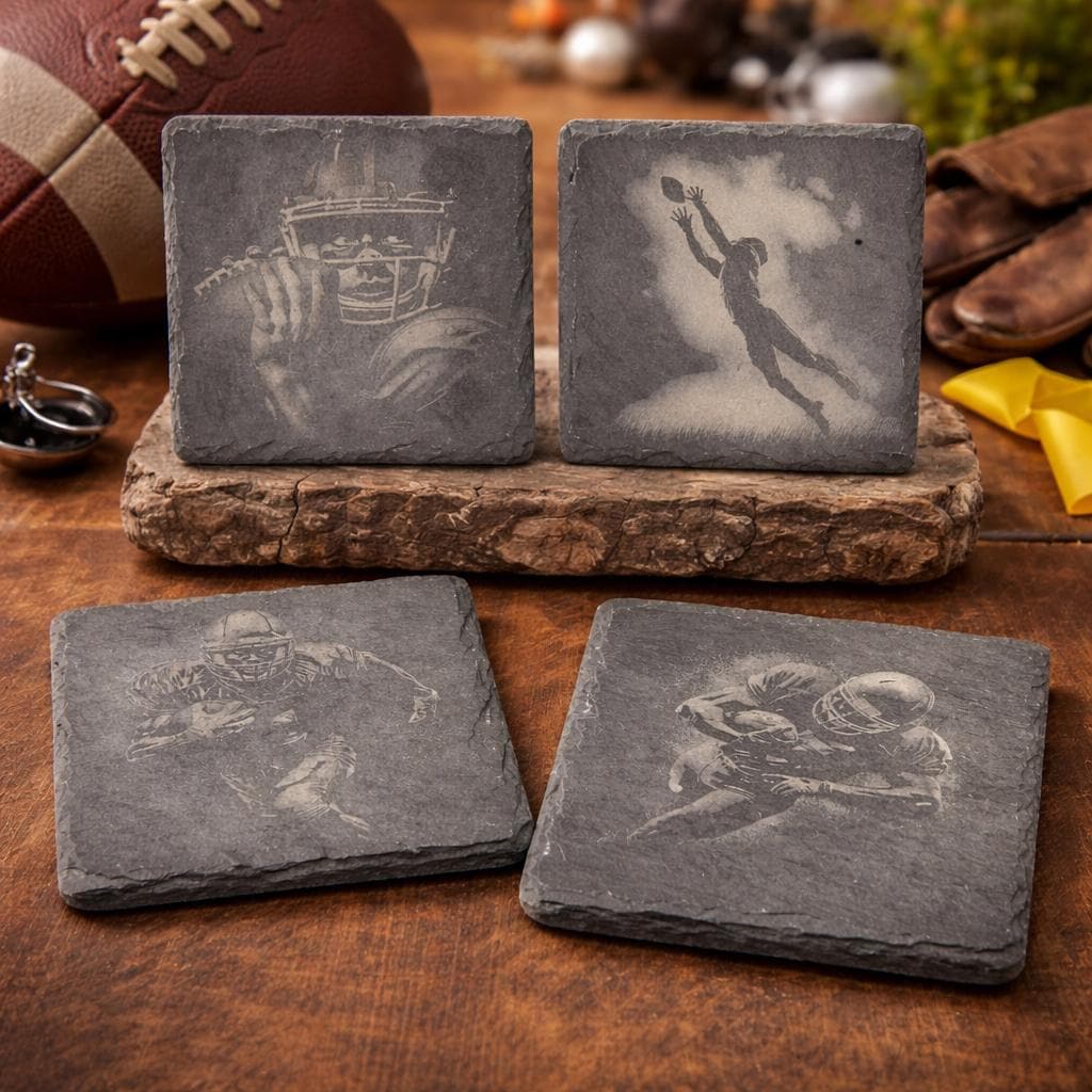 Laser Engraved Football Slate Coasters: Quarterback, Receiver, Runner Designs