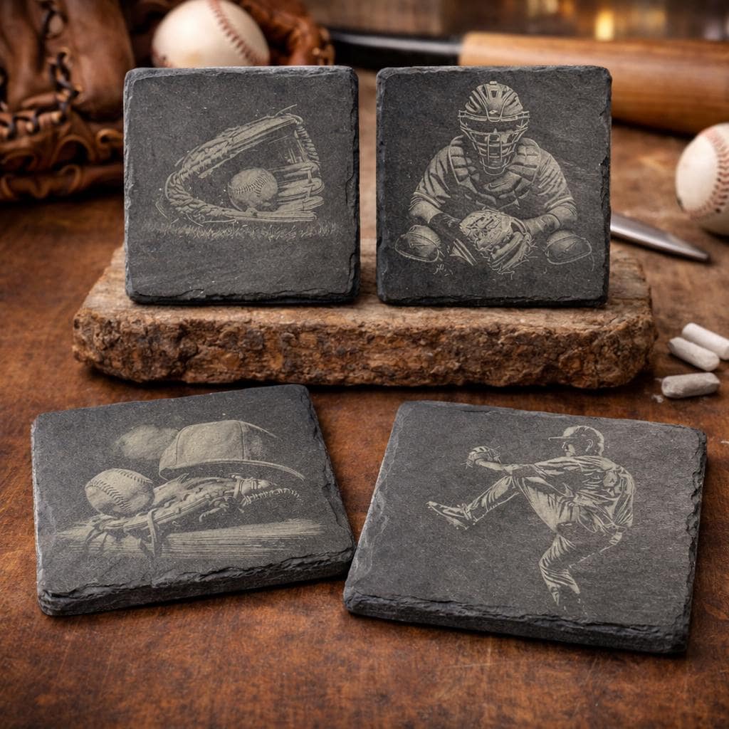 Laser Engraved Baseball Slate Coasters: Sports Fan Gift