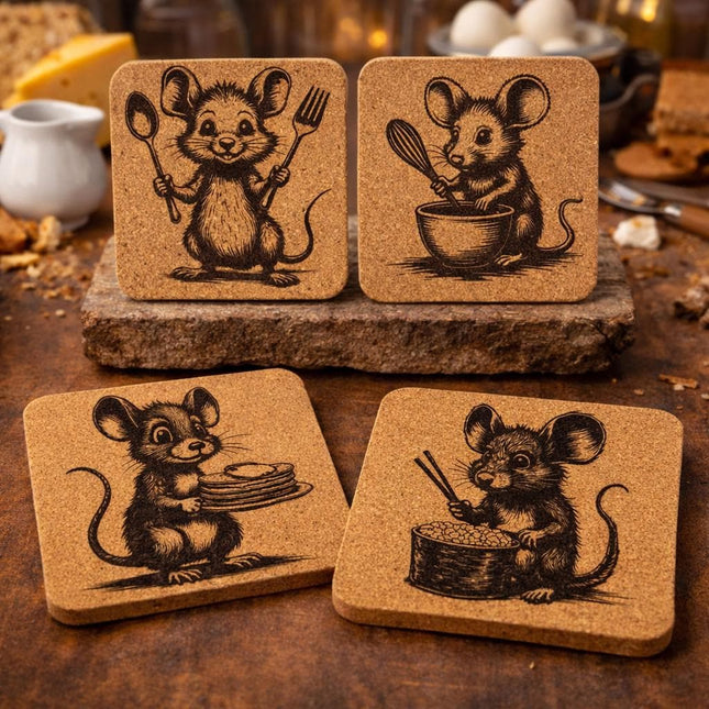 Cooking Mouse Cork Coaster Set of 4 – Engraved Whimsical Kitchen Mice Drink Coasters