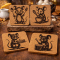 Cooking Mouse Cork Coaster Set of 4 – Engraved Whimsical Kitchen Mice Drink Coasters