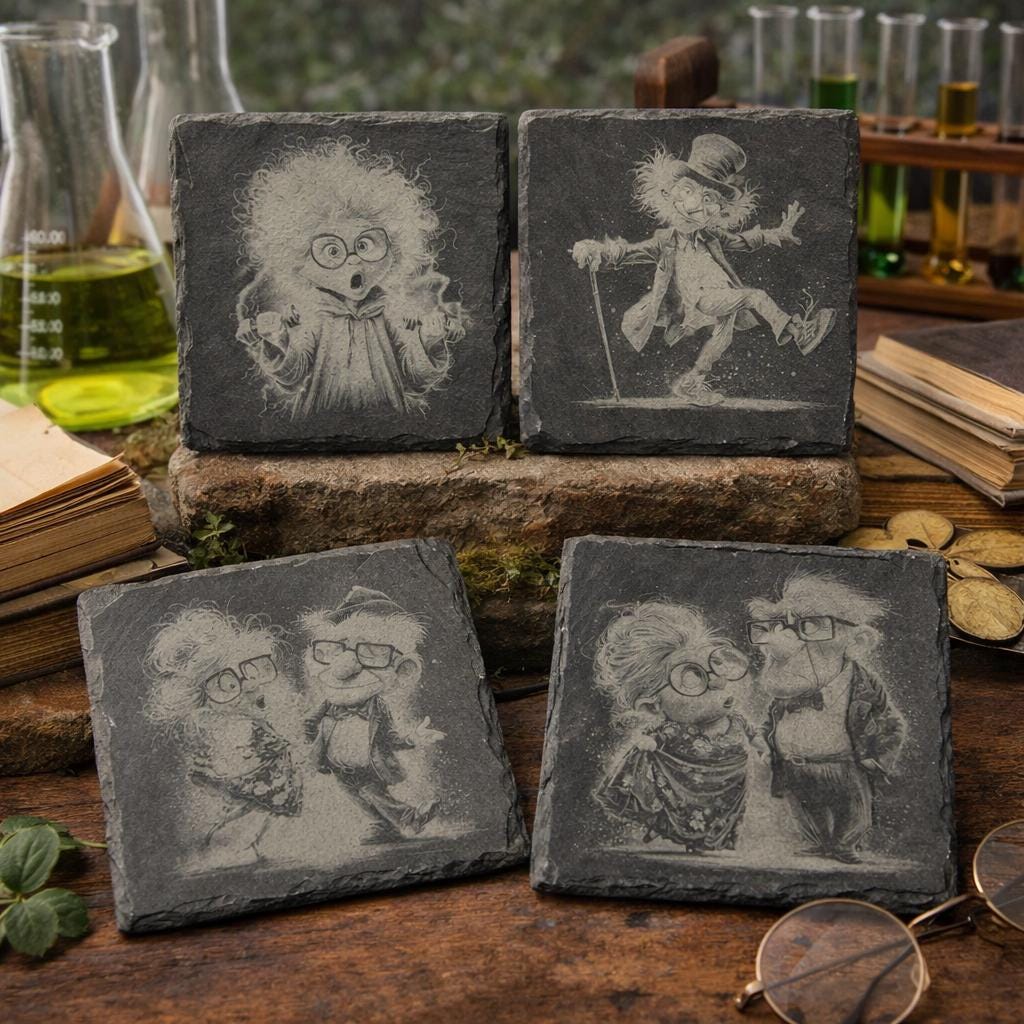 Whimsical Character Slate Coasters Set – Vintage Storybook Style Art – Charming Drink Coasters (4 Pack)