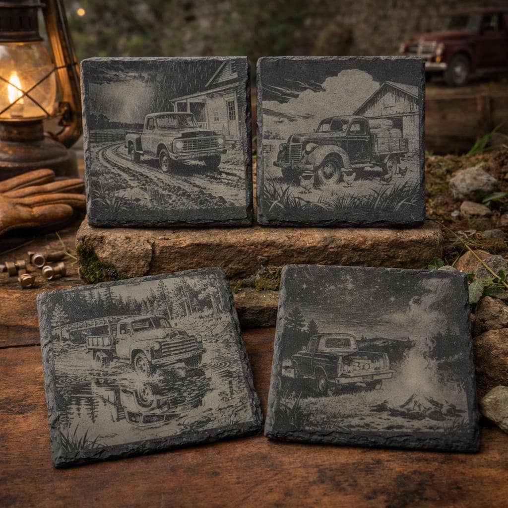 Vintage Pickup Truck Slate Coasters Set – Rustic Farm Truck Decor – Country Drink Coasters (4 Pack)