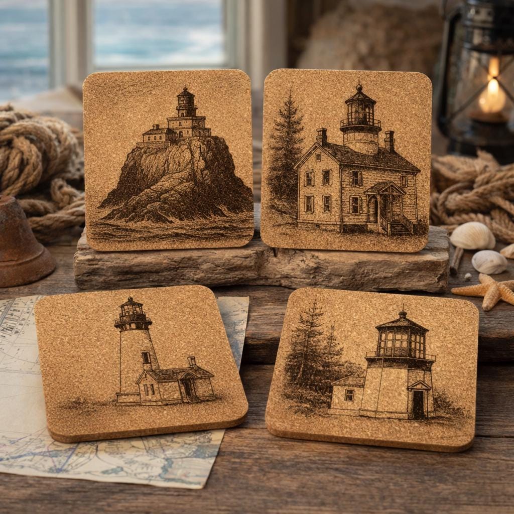 Oregon Lighthouses - Set of 4 Laser Engraved Cork Coasters