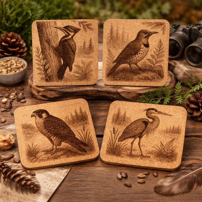 Engraved PNW Birds Cork Coaster Set: Pacific Northwest Wildlife