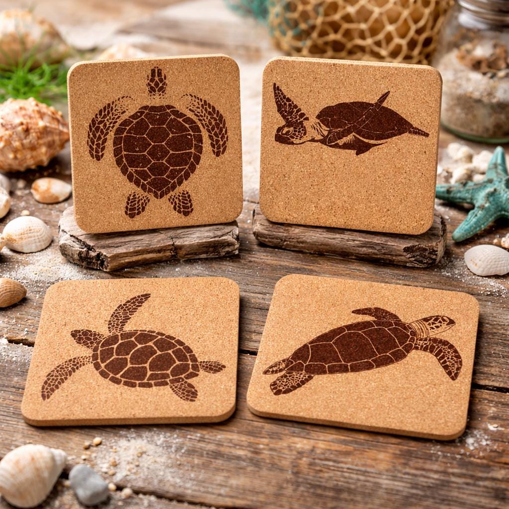 Sea Turtle Coasters Set of 4 Laser Engraved Cork Coaster