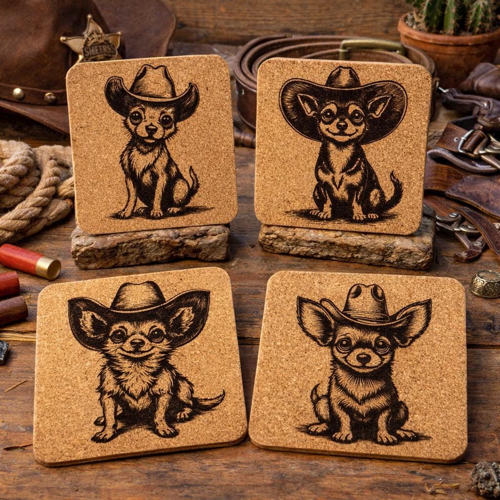 Cowboy Chihuahua Cork Coaster Set: Rustic Western Dog Drink Coasters