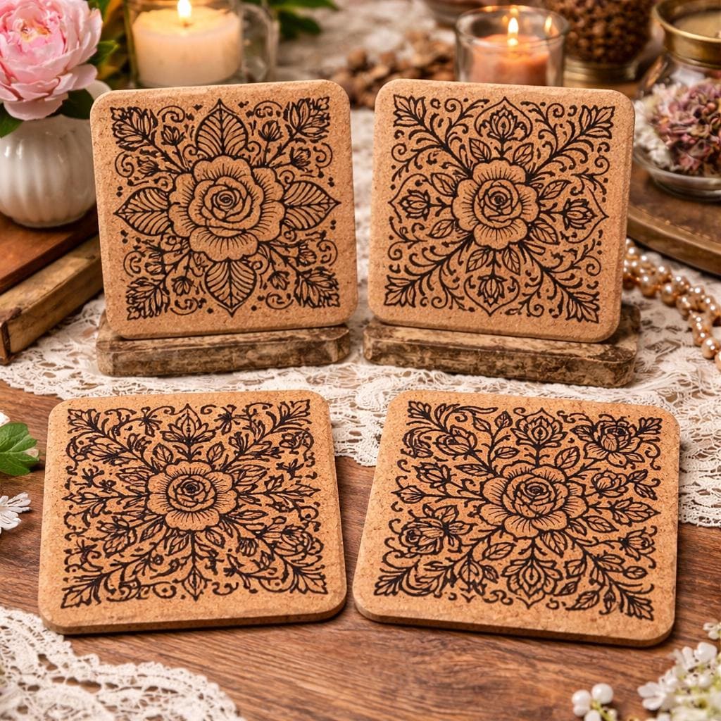 Rose Mandala Cork Coasters: Laser Engraved Floral Home Decor