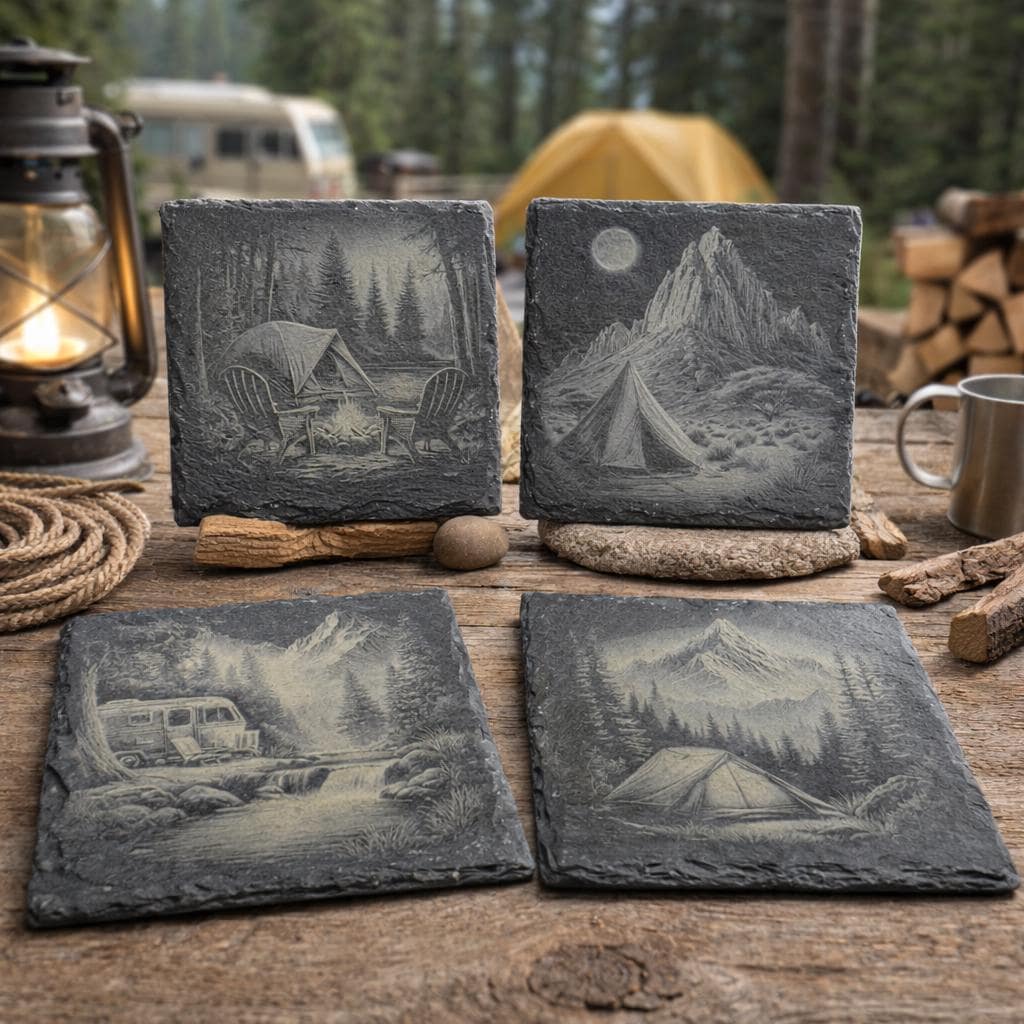 Mountain & Forest Camping Coasters – Scenic Tent and Campfire Designs on Slate