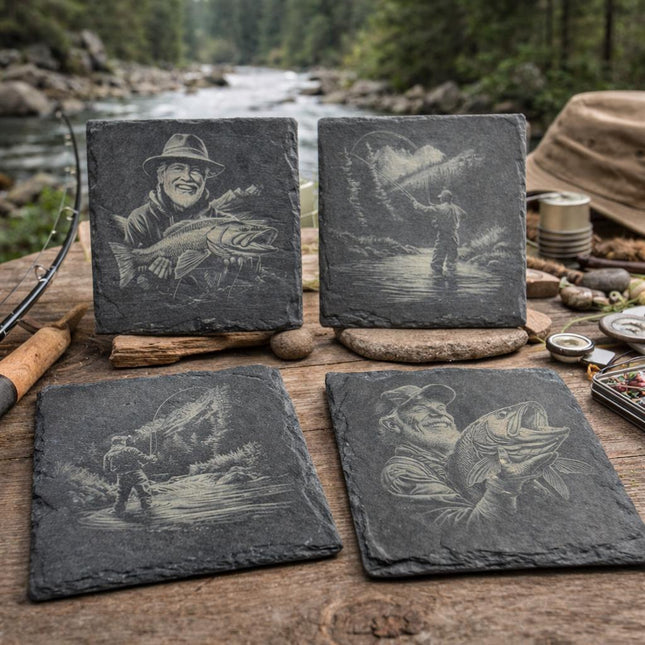 Laser Engraved Fishing Slate Coasters: Angler & Big Catch Designs