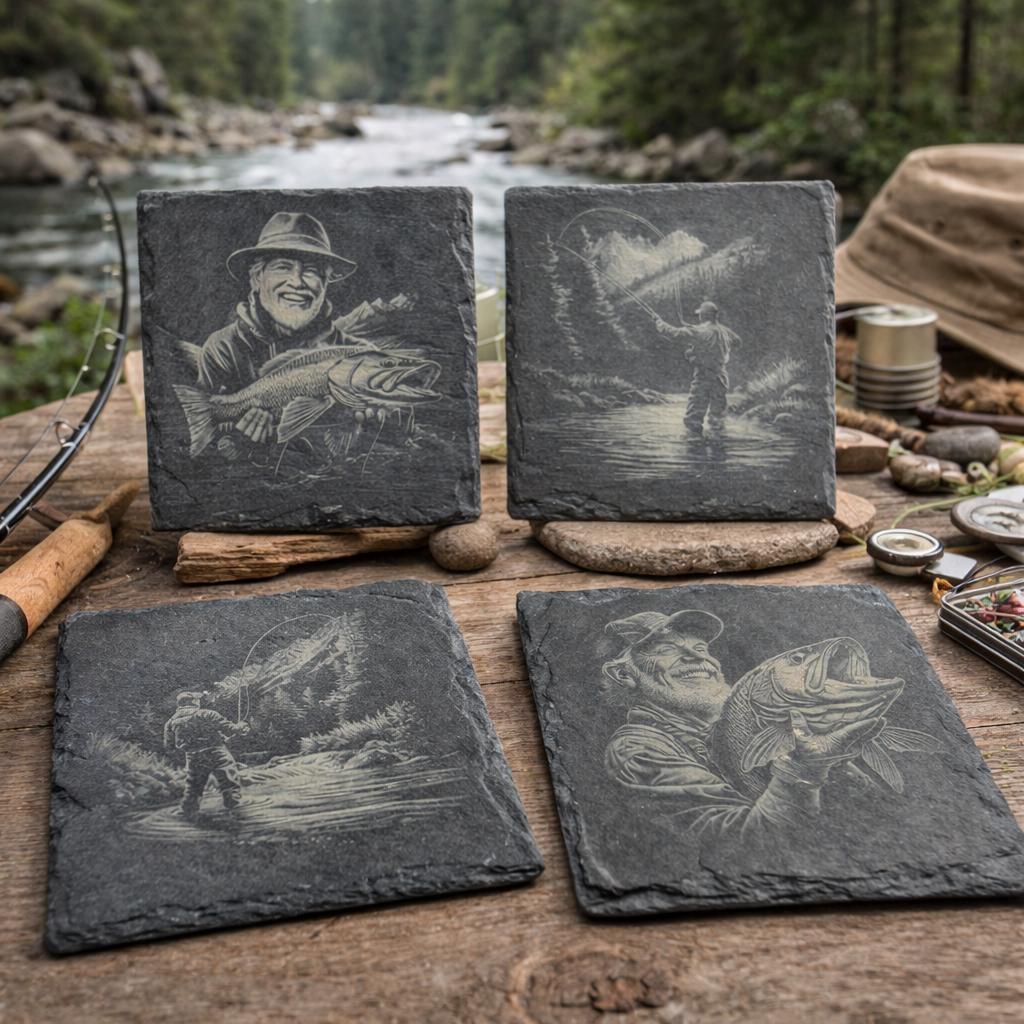 Laser Engraved Fishing Slate Coasters: Angler & Big Catch Designs