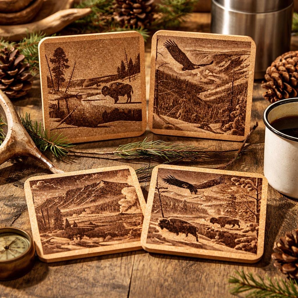 Yellowstone Coasters Set of 4 featuring the National Park laser engraved on Cork