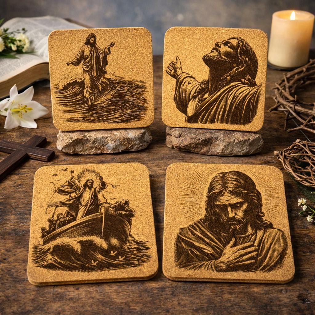 Jesus Miracle Cork Coaster Set – Christian Art – Set of 4