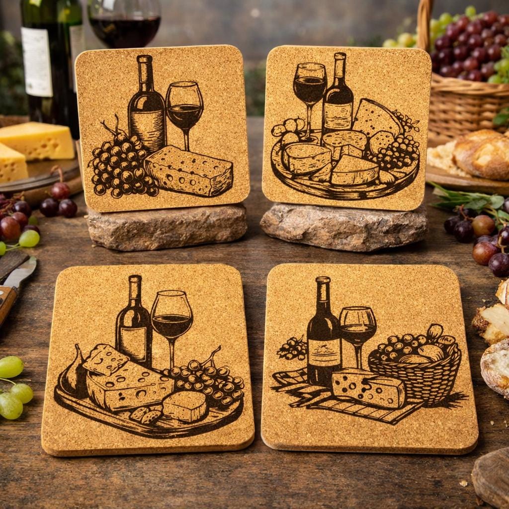 Wine & Cheese Cork Coaster Set – Rustic Bar Decor – Set of 4