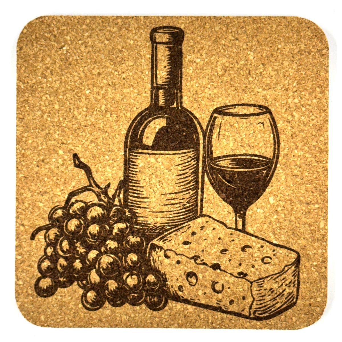 Wine & Cheese Cork Coaster Set – Rustic Bar Decor – Set of 4