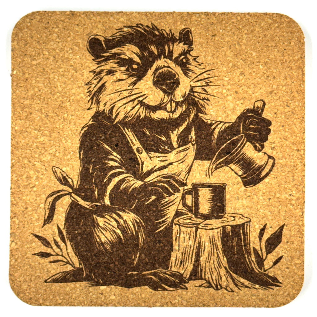 Playful Beaver Cork Coaster Set – Rustic Animal Decor – Set of 4