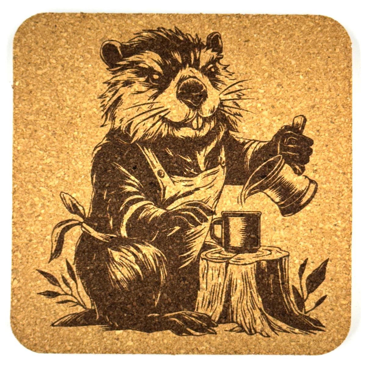 Playful Beaver Cork Coaster Set – Rustic Animal Decor – Set of 4