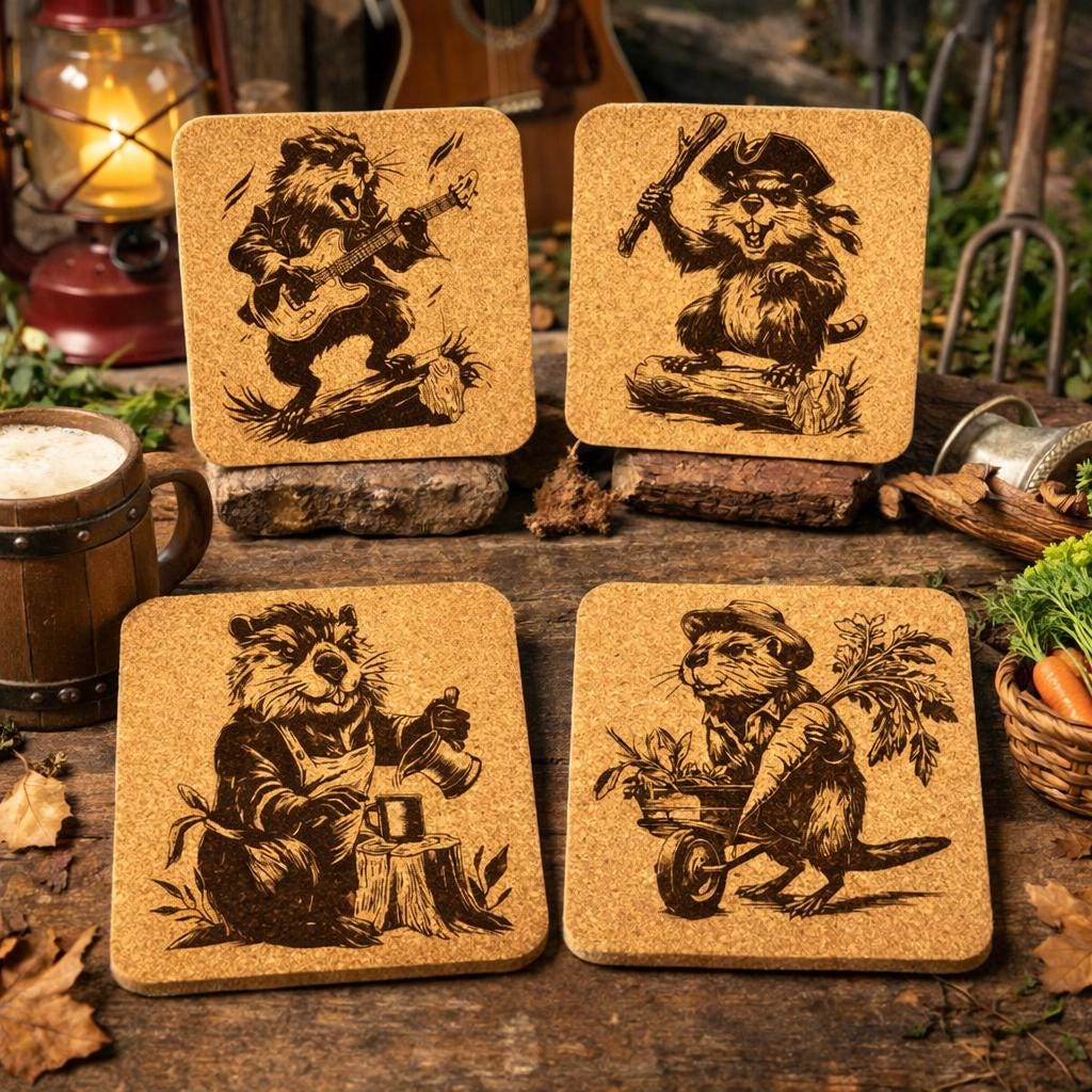 Playful Beaver Cork Coaster Set – Rustic Animal Decor – Set of 4