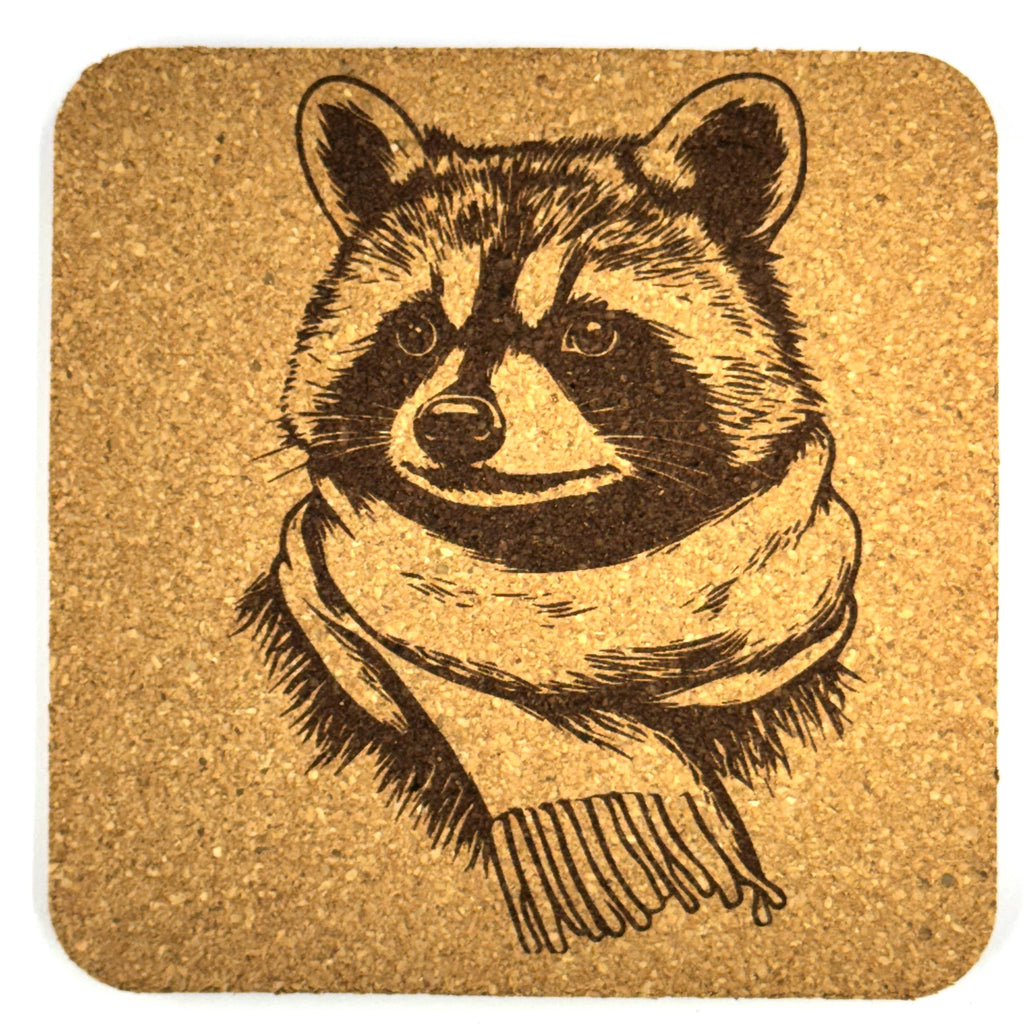 Cozy Raccoon Cork Coaster Set – Cute Animal Decor – Set of 4