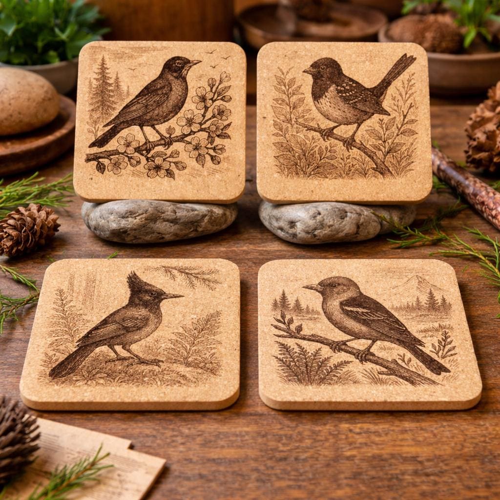 Engraved PNW Bird Cork Coaster Set: Rustic Pacific Northwest Decor