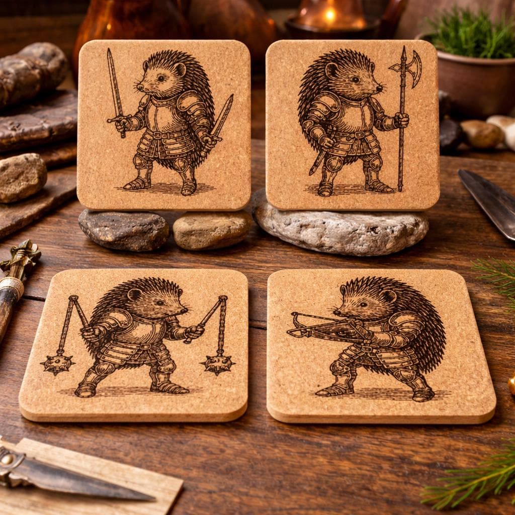 Hedgehog Warrior Cork Coaster Set: Laser Engraved Medieval Animal Art