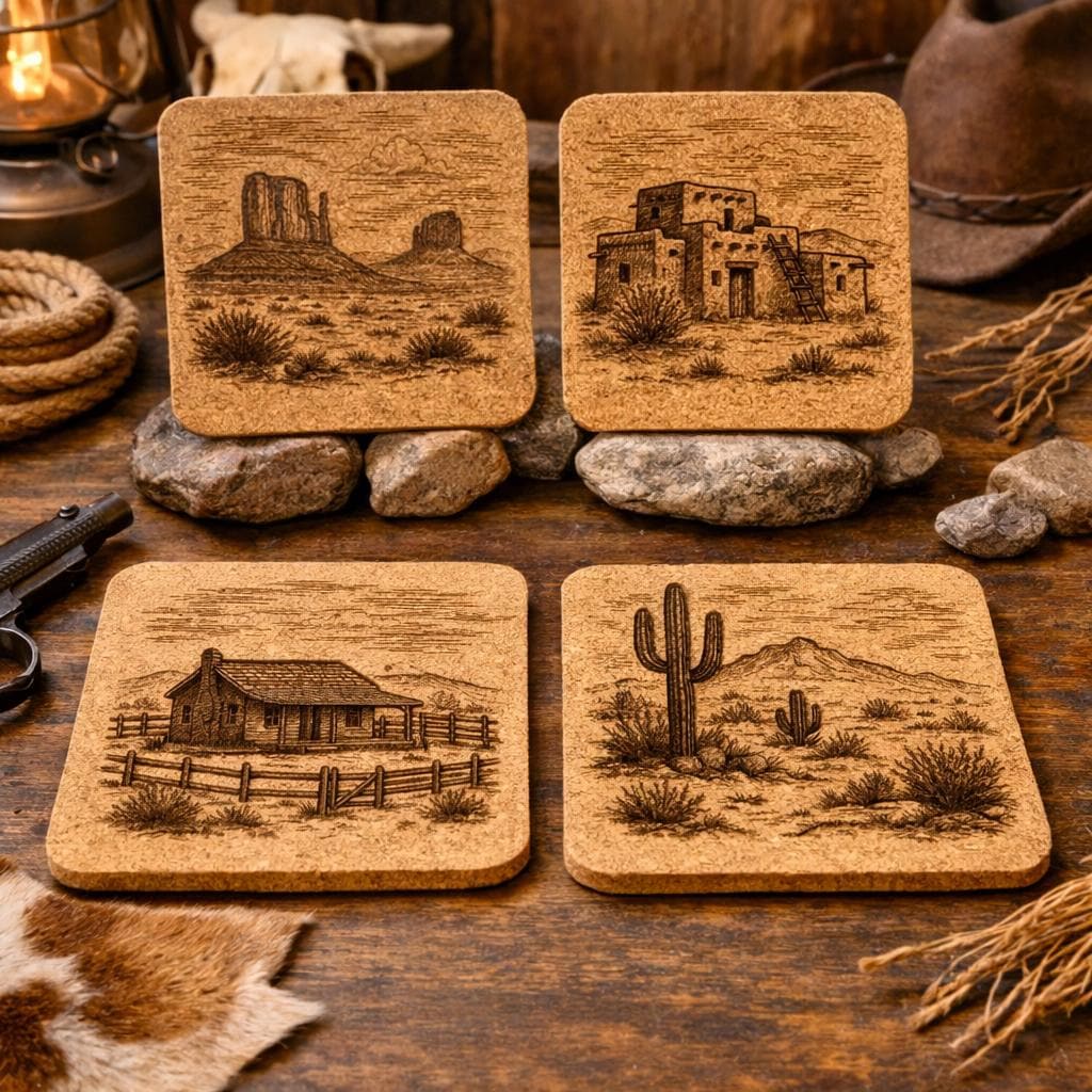 Southwestern Cork Coaster Set – Desert Cactus, Pueblo House, Ranch Scene & Monument Valley Engraved Coasters