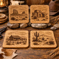 Southwestern Cork Coaster Set – Desert Cactus, Pueblo House, Ranch Scene & Monument Valley Engraved Coasters
