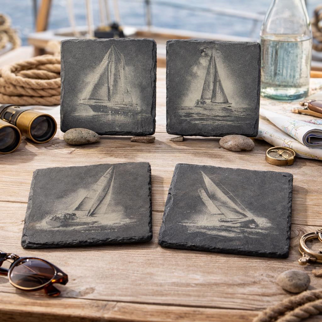 Sailboat Slate Coaster Set – Engraved Nautical Sailing Art (4 Pack)