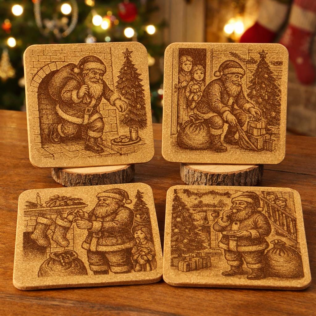 Vintage Santa Claus Christmas Coaster Set – 4 Laser-Engraved Cork Coasters