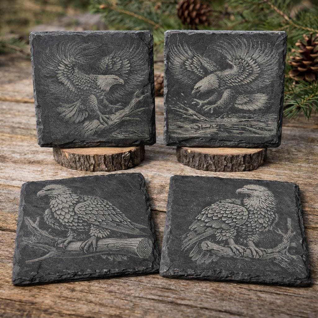 Laser Engraved Bald Eagle Slate Coaster Set - Rustic Drink Coasters
