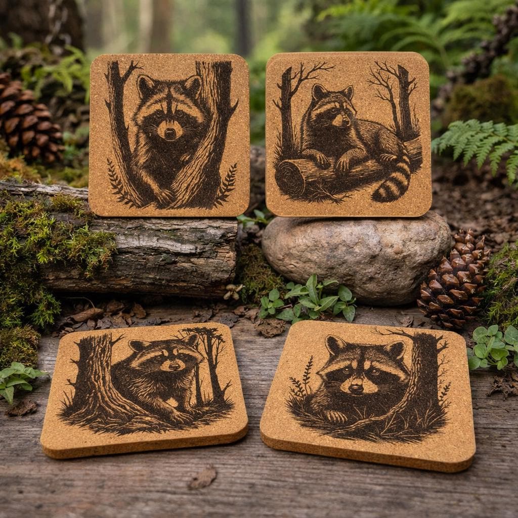 Raccoon Cork Coasters – Rustic Woodland Animal Drink Coaster Set of 4