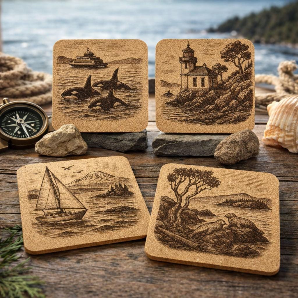 San Juan Islands Cork Coaster Set: Laser Engraved Orcas, Lighthouse, Sailboat