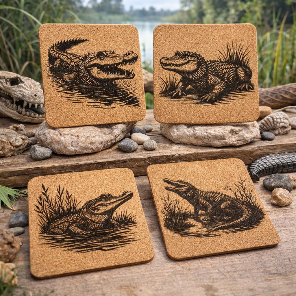 Alligator Cork Coaster Set - Rustic Wildlife Decor