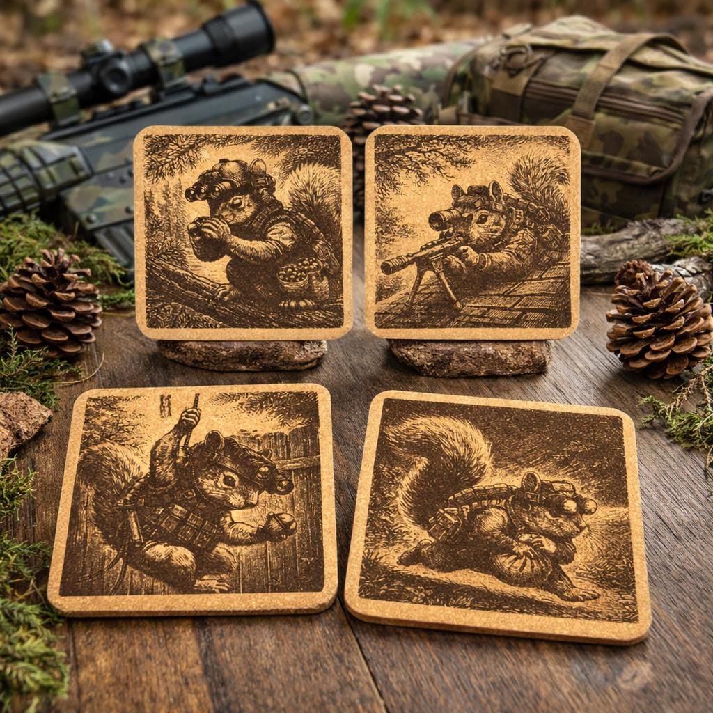 Peanut the Tactical Squirrel Cork Coaster Set – Funny Woodland Mission Squad