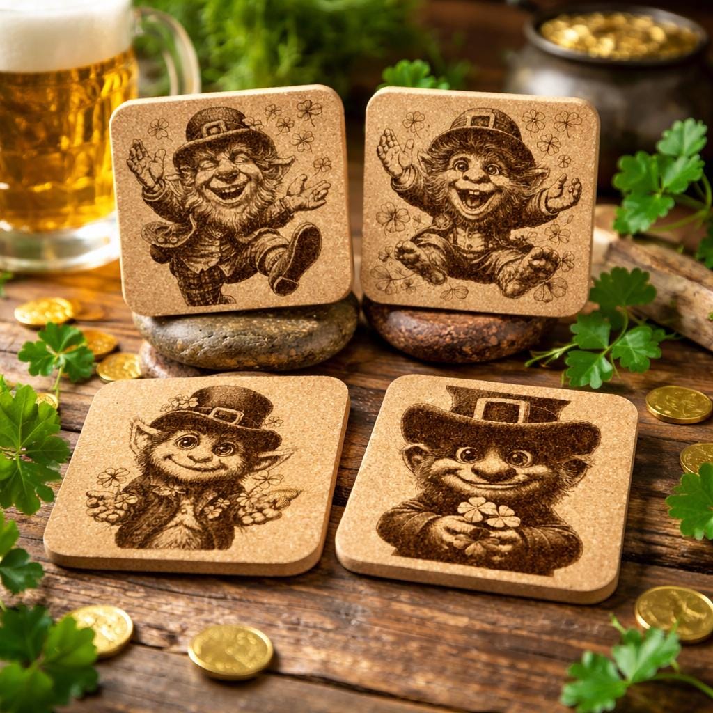 St Patricks Day Leprechaun Coasters Set of 4 Irish Decor Cork Drink Coasters