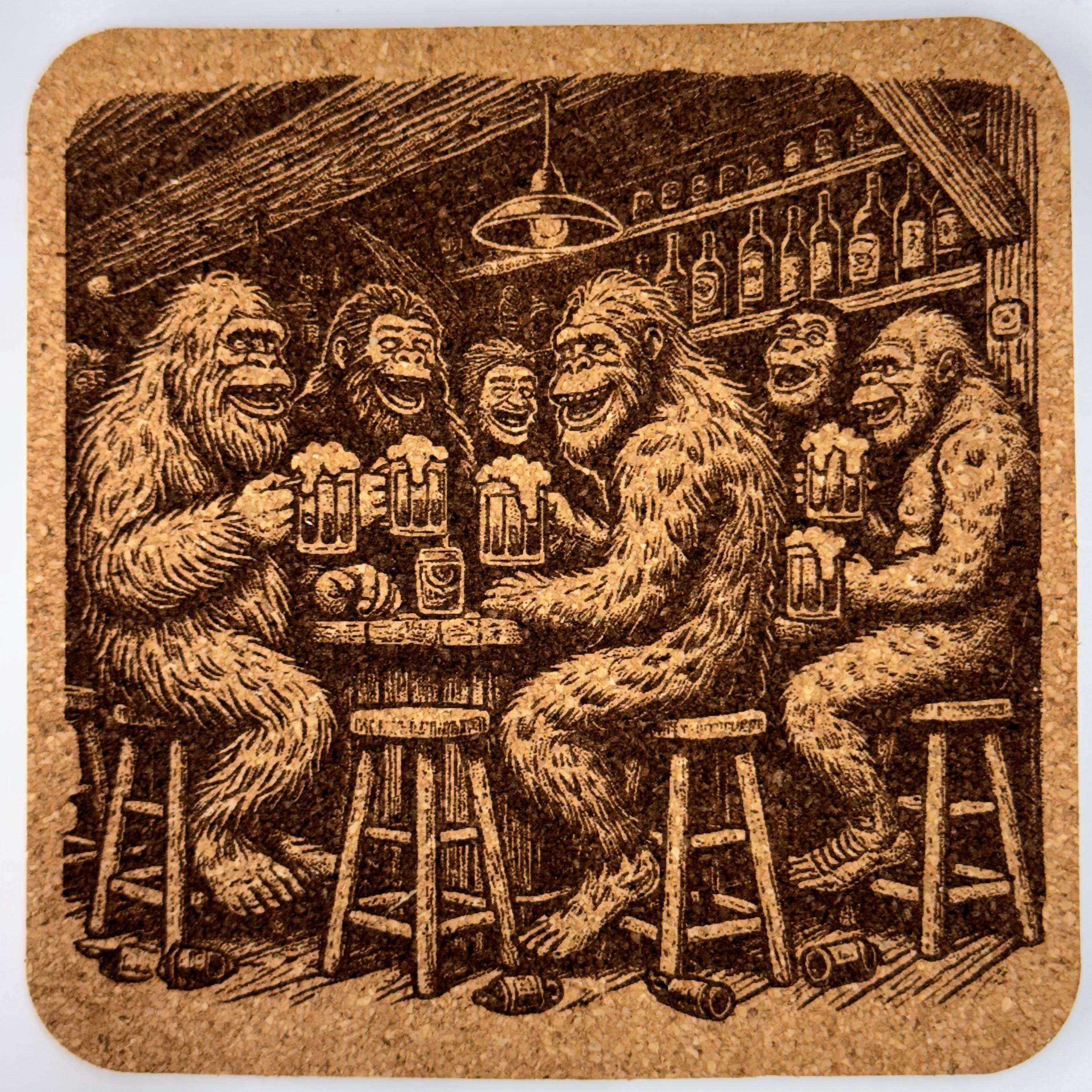 Funny Bigfoot Cork Coaster Set – Sasquatch Bar, Campfire, UFO & Unicycle