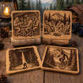 Funny Bigfoot Cork Coaster Set – Sasquatch Bar, Campfire, UFO & Unicycle