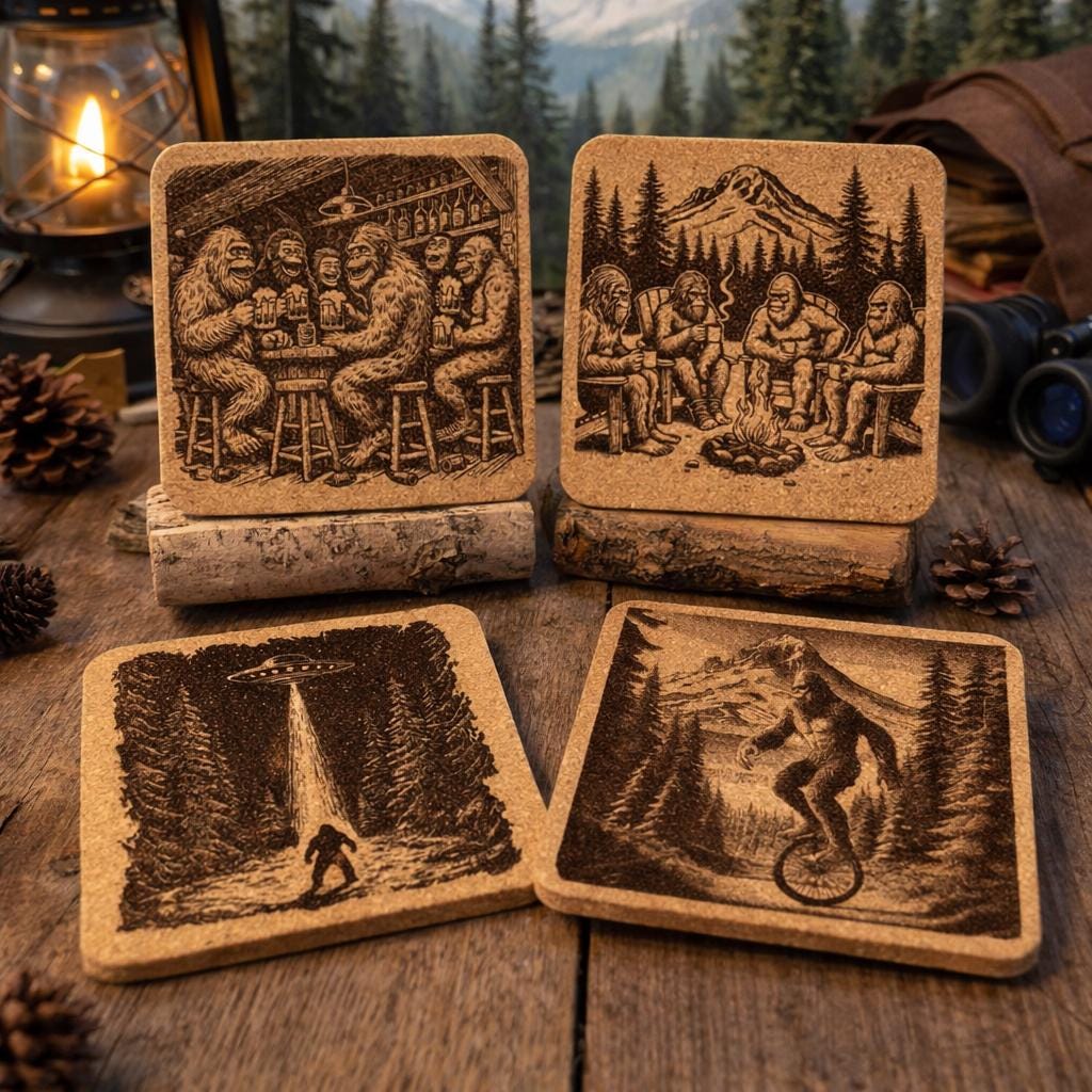 Funny Bigfoot Cork Coaster Set – Sasquatch Bar, Campfire, UFO & Unicycle
