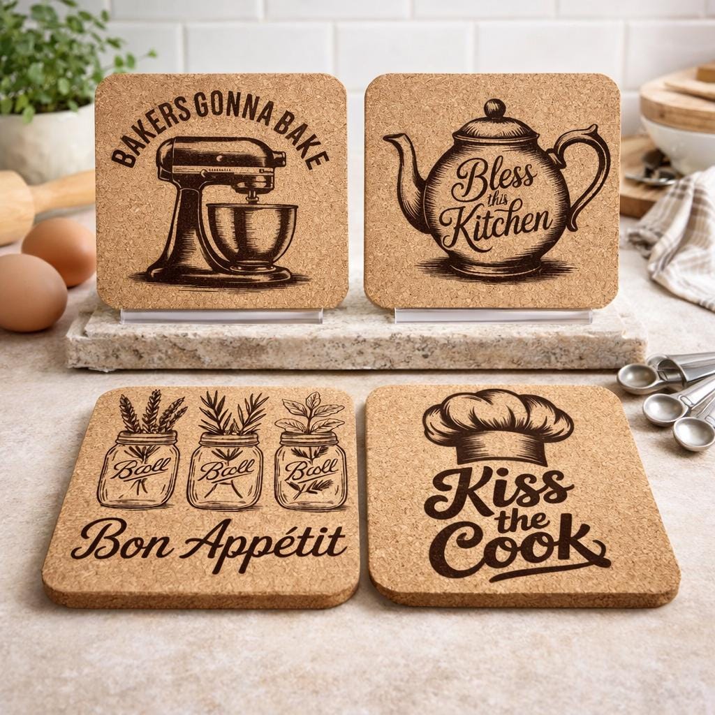 Farmhouse Kitchen Cork Coasters – Bakers & Home Cooking Set of 4