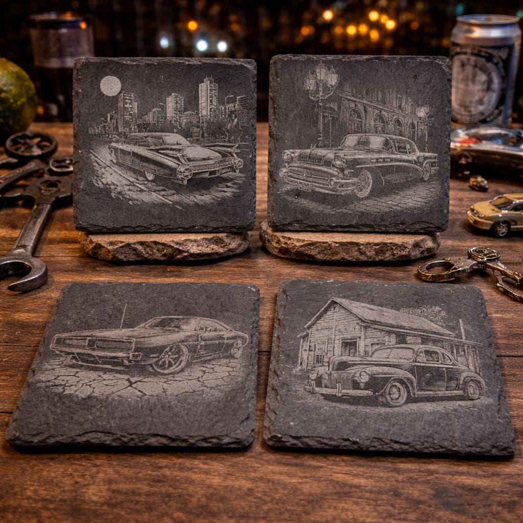 Classic Car Slate Coasters – Vintage Muscle & Retro Auto Set