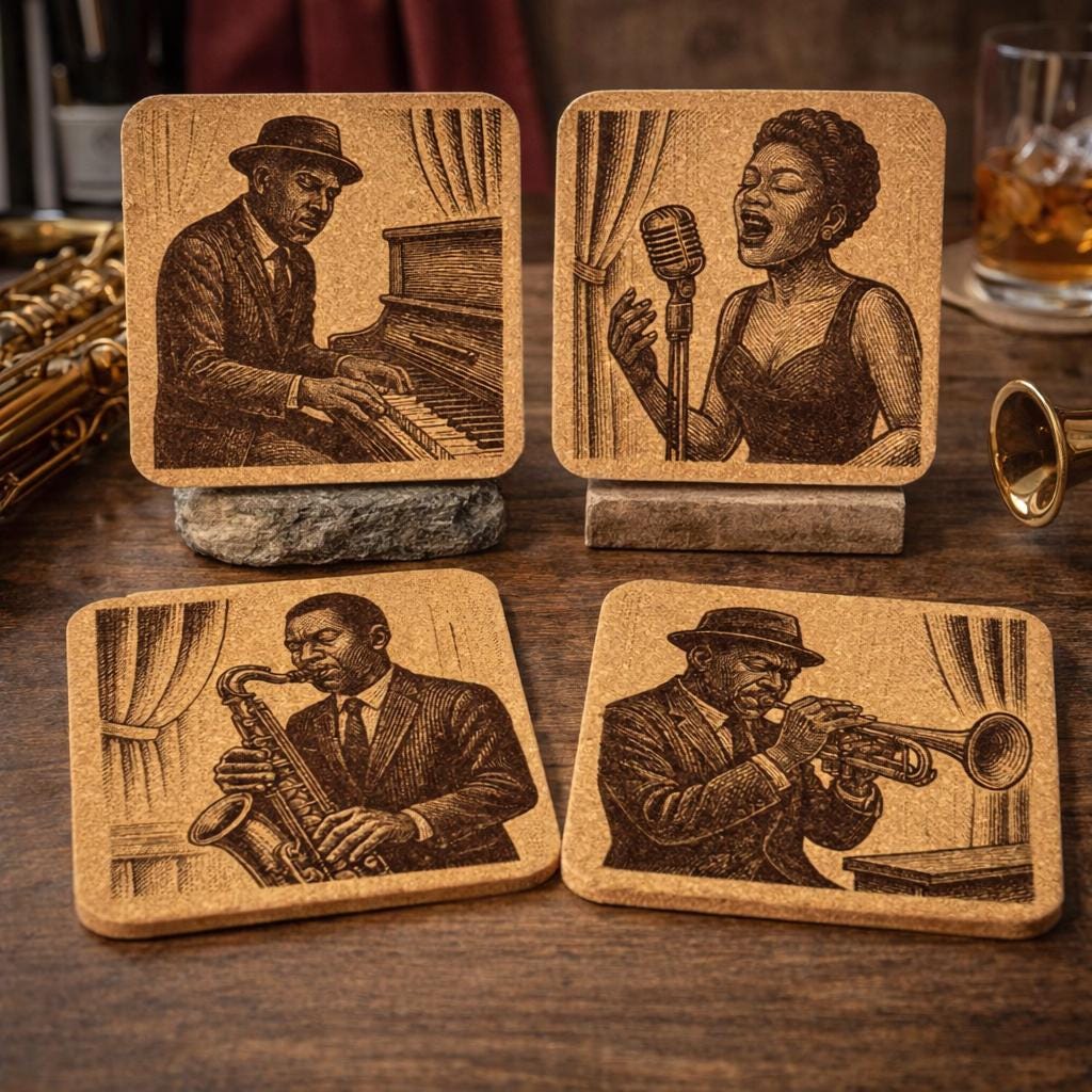 Jazz and Blues Legends Set of 4 Laser Engraved Cork Coasters