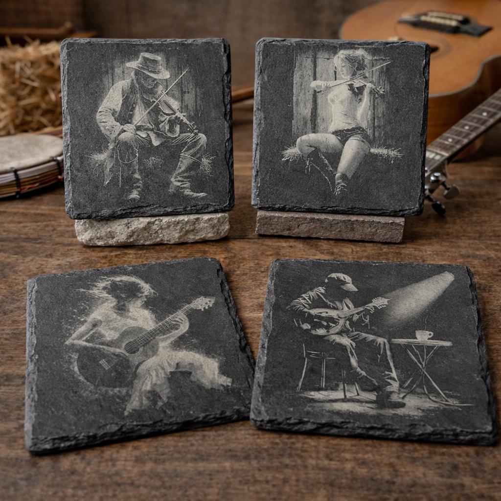 Country & Bluegrass Musician Slate Coaster Set – Gift for Music Lovers