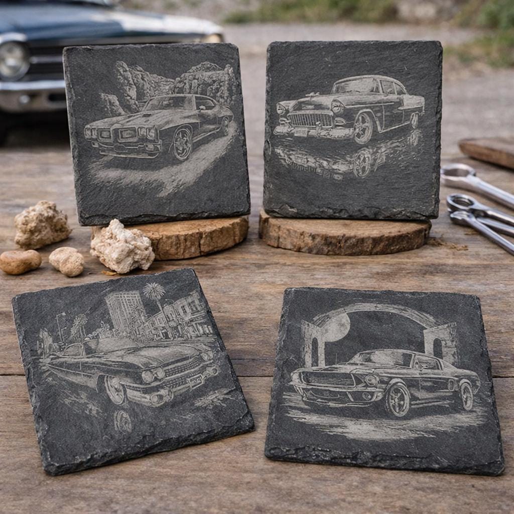 Classic Muscle Car Slate Coasters – Midnight Vintage Auto Set