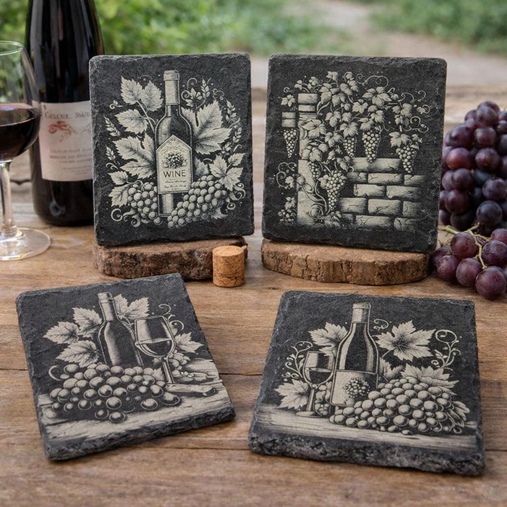Elegant Wine Slate Coasters – Vintage Bottle & Grapevine Set