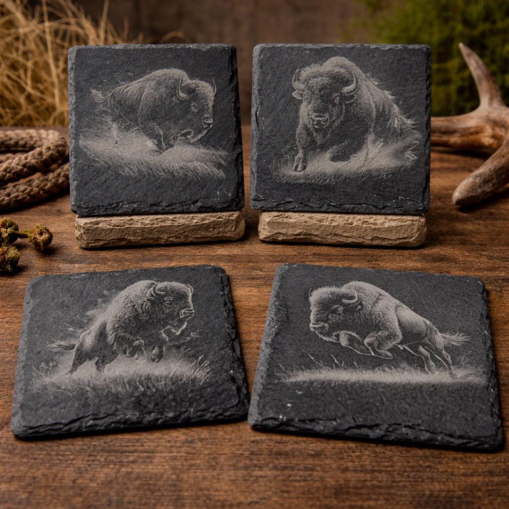Majestic Bison Slate Coaster Set – Engraved Buffalo Wildlife Art (4 Pack)