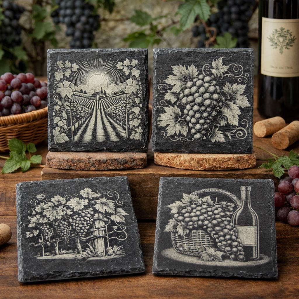Vineyard Slate Coasters – Rustic Wine Country Engraved Set