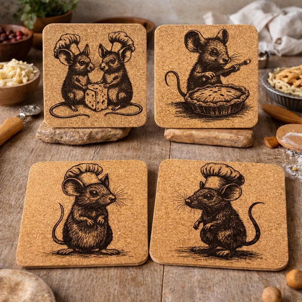 Chef Mouse Cork Coaster Set of 4 – Engraved Cooking Mice Kitchen Drink Coasters