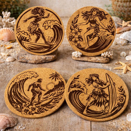 Hawaiian Surf Cork Coasters – Tropical Island Hula & Wave Set